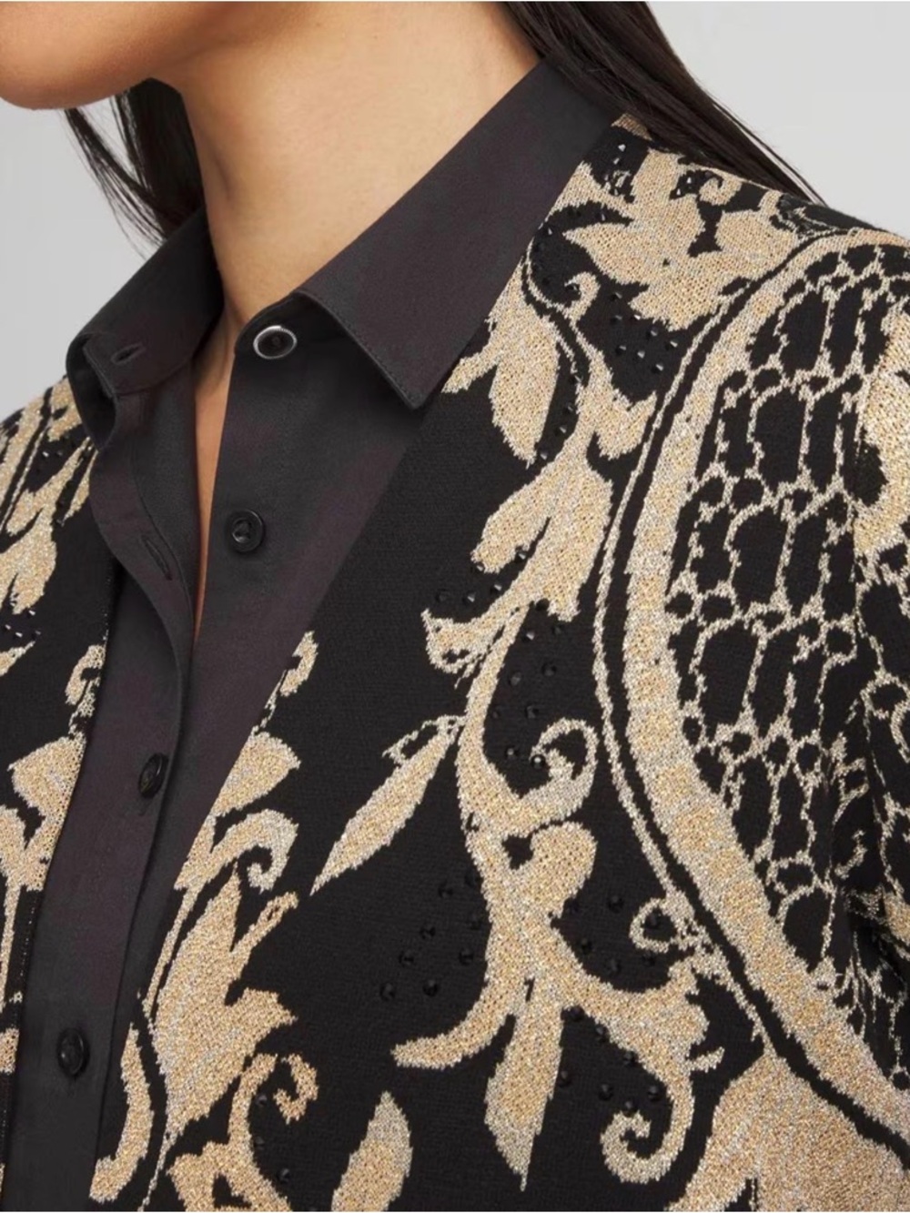 Chico's Embellished Jacquard Coatigan cardigan in black and gold size large - Picture 5 of 16